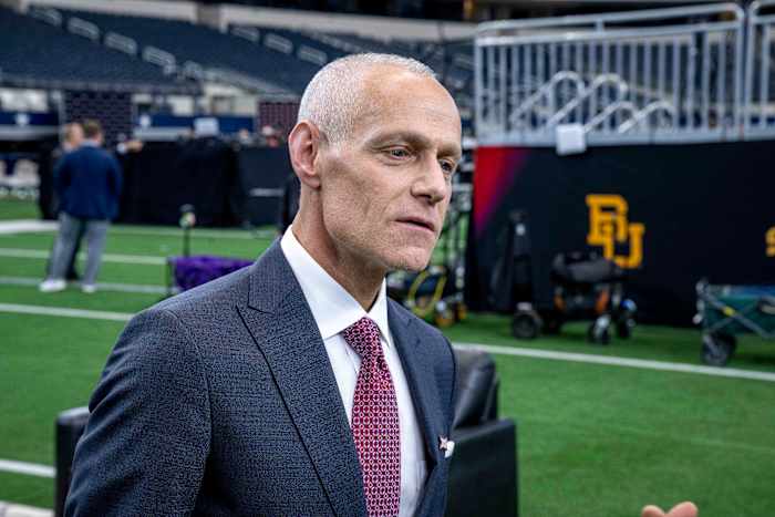 Jul 13, 2022; Arlington, TX, USA; Big 12 commissioner Brett Yormark talks with the media during the Big 12 Media Day at AT&T Stadium. Mandatory Credit: Jerome Miron-USA TODAY Sports